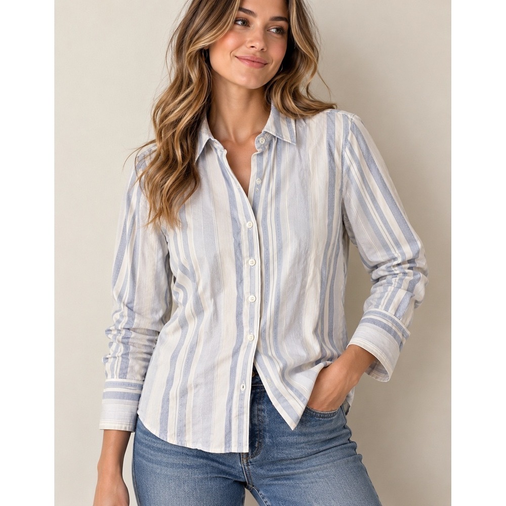 Ann Taylor Women's Petite 4P Blue White Stripe Button Down Collared Blouse Work